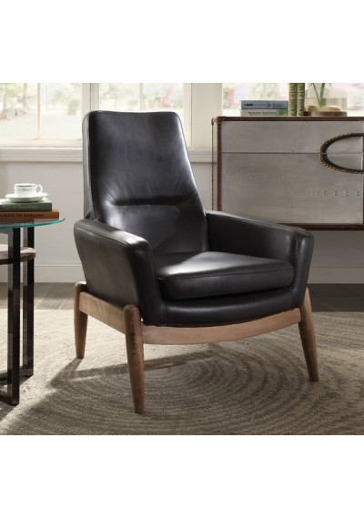 Modern & Artistic Black Bonded Leather Walnut Finish Frame Accent Chair