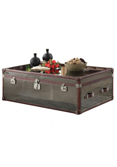 Rich Brown Leather & Stainless Steel Rectangle Coffee Table Trunk