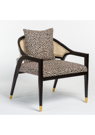 Black Frame Modern Black & Cream Maze Fabric Cane Back Accent Chair 