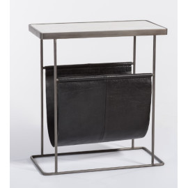 Black Leather Marble & Iron Magazine Holder Accent Side Table
