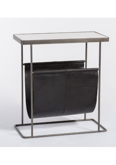 Black Leather Marble & Iron Magazine Holder Accent Side Table