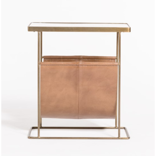 Tan Leather Marble & Iron Magazine Holder Accent Side Table