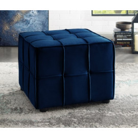 Navy Blue Velvet Tufted Piping Square Cube Footstool Ottoman