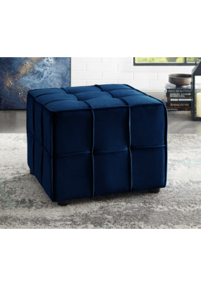 Navy Blue Velvet Tufted Piping Square Cube Footstool Ottoman