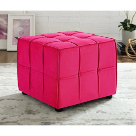 Fuchsia Hot Pink Velvet Tufted Piping Square Cube Footstool Ottoman