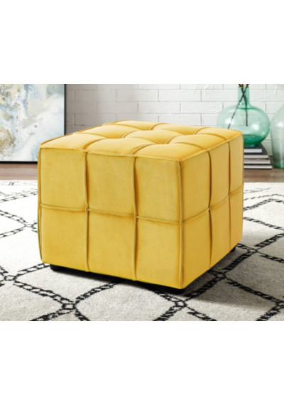 Yellow Velvet Tufted Piping Trim Square Cube Footstool Ottoman