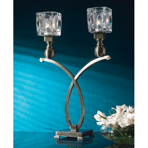 Double Candle Holder Silver Metal & Glass