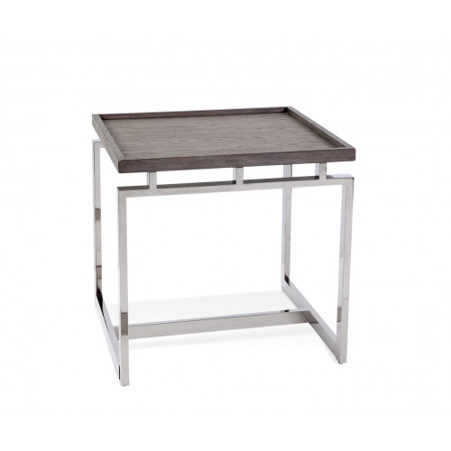 Grey Oak Tray Top Side Table Geometric Chrome Base