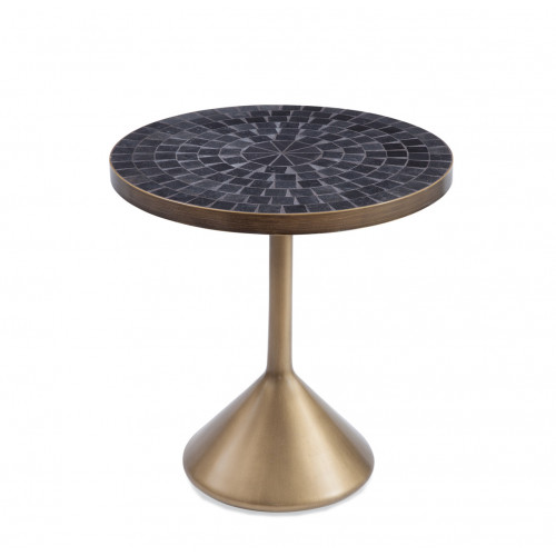Black Mosaic Design Round Top Brass Flared Base Accent Side Table