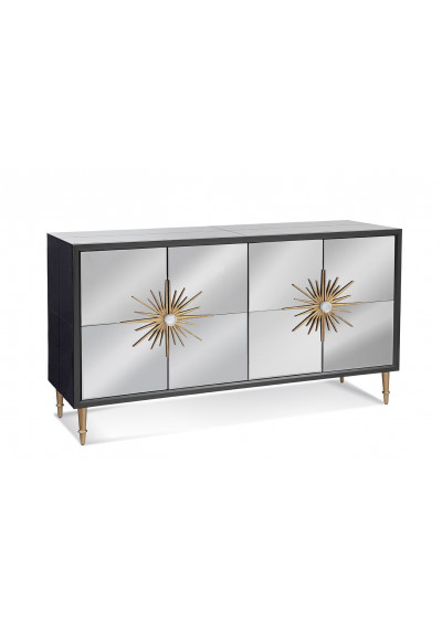 Grey Mirrored Sideboard Cabinet Gold Sunburst Door Handles