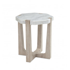 White Marble Top Sun Bleached Wood Base Accent Side Table