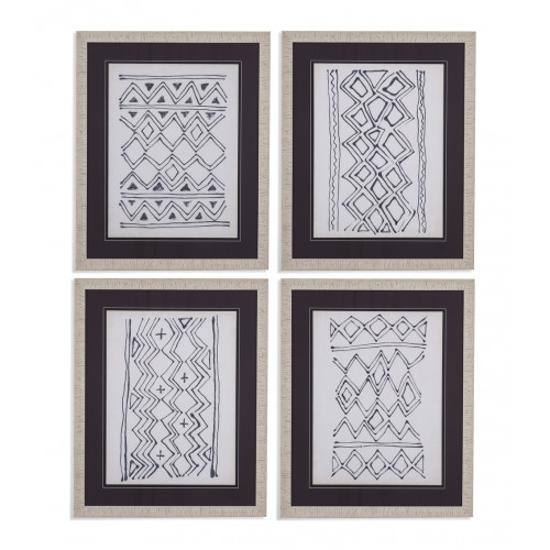 Black & White Tribal Design Framed Under Glass 4pc Wall Art 
