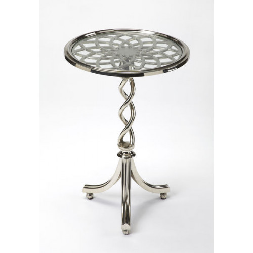 Silver Braided Leg Glass Top Flower Design Accent Table