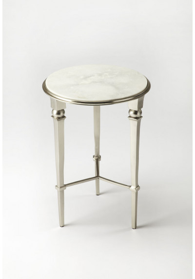Silver Iron & Aluminum White Marble Top Round Accent Table