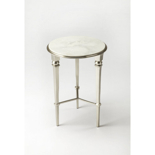Silver Iron & Aluminum White Marble Top Round Accent Table