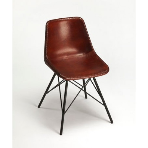 Brown Stitched Leather Mid Century Black Legs Dining Chair