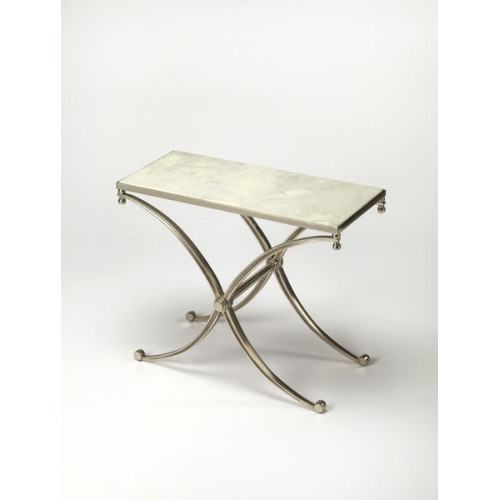 Silver Iron X Frame Base White Marble Top Rectangle Accent Table