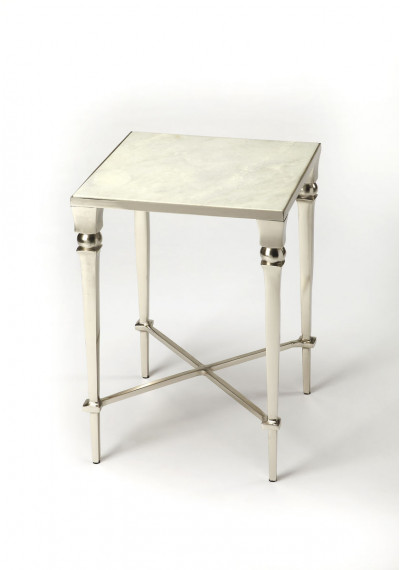 Silver Iron & Aluminum White Marble Top Square Accent Table