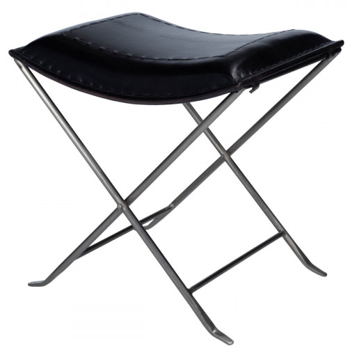 Black Stitched Leather & Silver Iron Stool Footstool