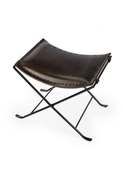 Espresso Brown Stitched Leather & Black Iron Stool Footstool