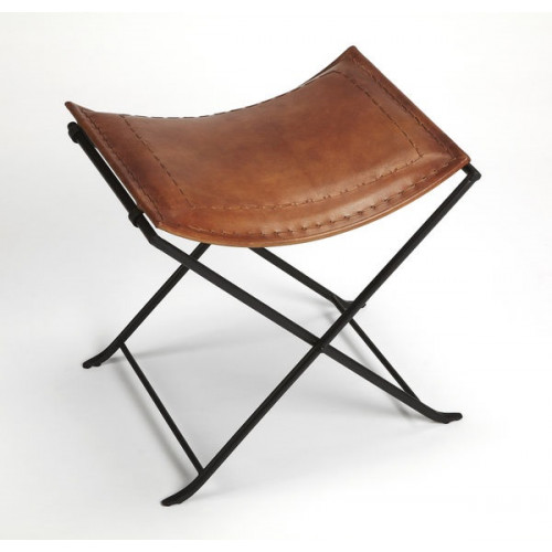 Warm Brown Leather & Black Iron Stool Footstool