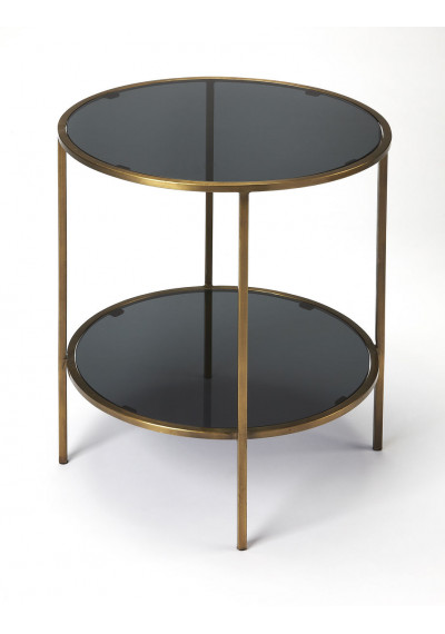 Black Glass Antique Gold Base Round Bottom Shelf Accent Table
