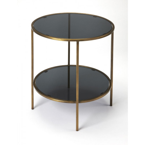 Black Glass Antique Gold Base Round Bottom Shelf Accent Table