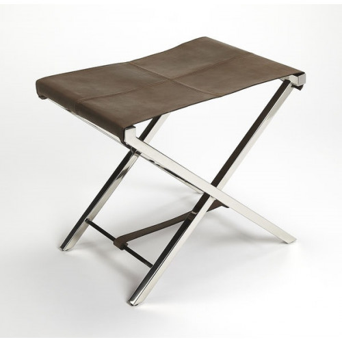 Chocolate Brown Leather & Stainless Steel X Frame Stool Footstool