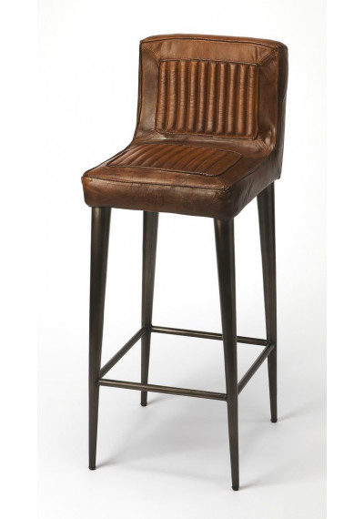 Brown Leather & Metal Aviator Style Backed Bar Stool 