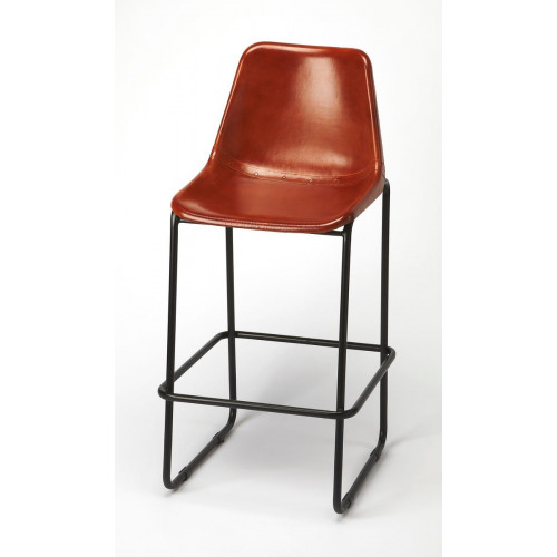Cognac Brown Leather & Iron Pipe Bar Stool 