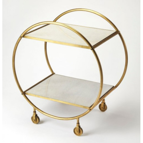 Gold Metal & Off White Marble Circular Frame Bar Cart 