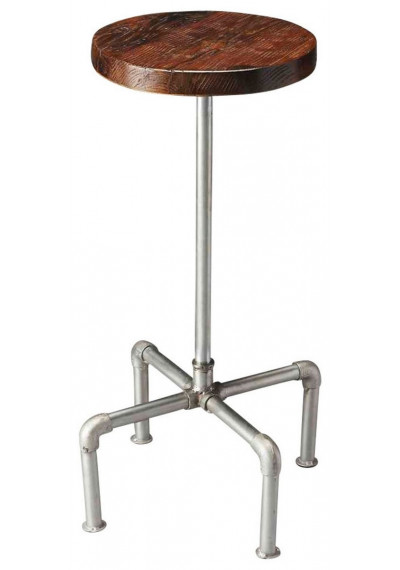 Industrial Silver Pipe & Wood Seat Bar Stool 