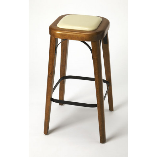Medium Wood & Cream Seat Backless Stool