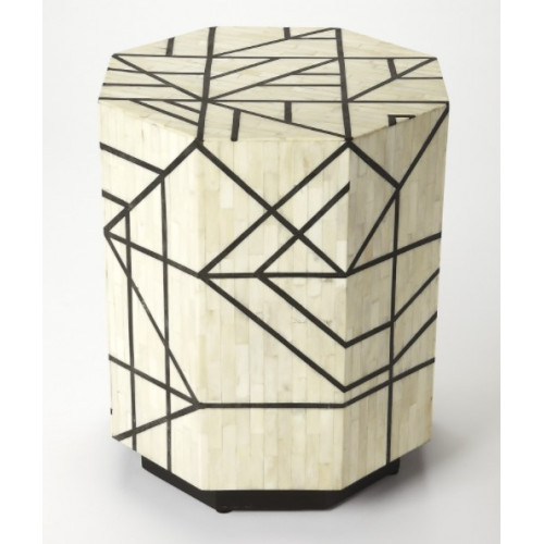 White & Black Bone Inlay Geometric Cylinder Accent Table