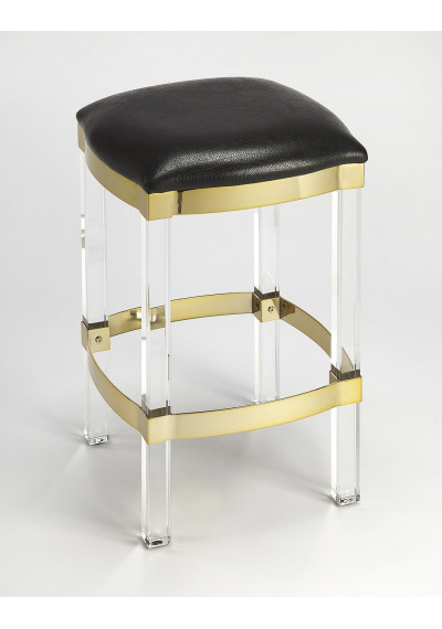 Black Leather Gold Metal & Acrylic Leg Backless Counter Bar Stool 