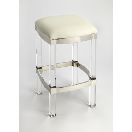 White Leather Silver Metal & Acrylic Leg Backless Counter Bar Stool 