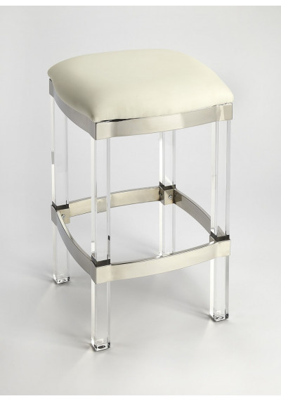 White Leather Silver Metal & Acrylic Leg Backless Counter Bar Stool 