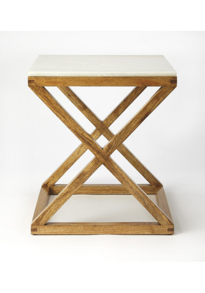 Light Wood X Frame Base White Marble Top Accent Table
