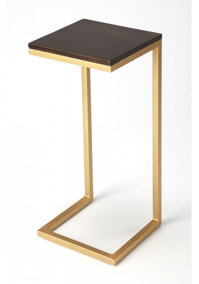 Dark Wood Top Gold Base C-Shape Accent Table