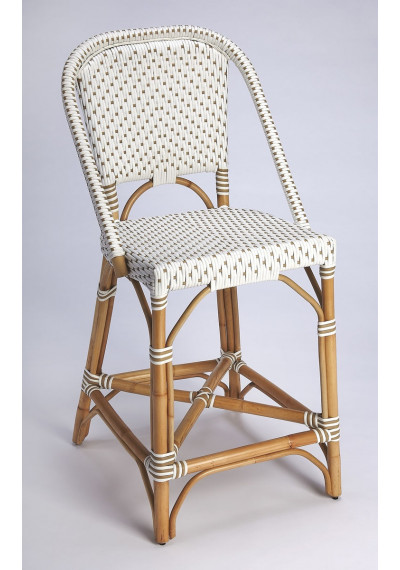 Beige & White Patterned Rattan Counter Stool 