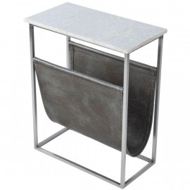 Silver Metal Leather White Marble Magazine Holder Accent Table