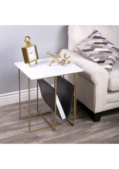 Gold Metal Leather White Marble Magazine Holder Accent Table
