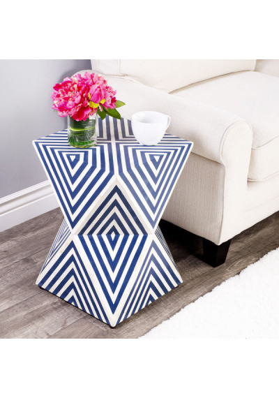 Blue & White Marble Bone Inlay Geometric Cube Accent Table
