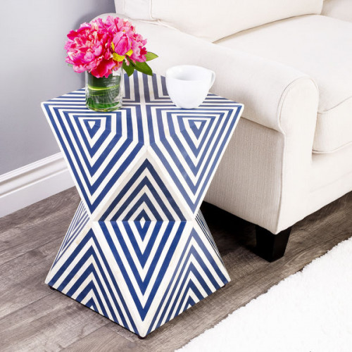 Blue & White Marble Bone Inlay Geometric Cube Accent Table