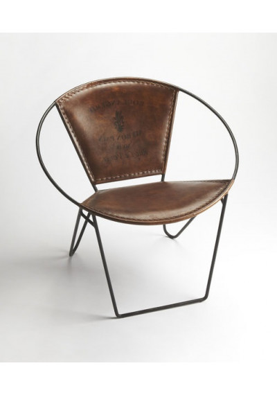 Brown Leather Stitched & Iron Hoop Frame Side Lounge Chair