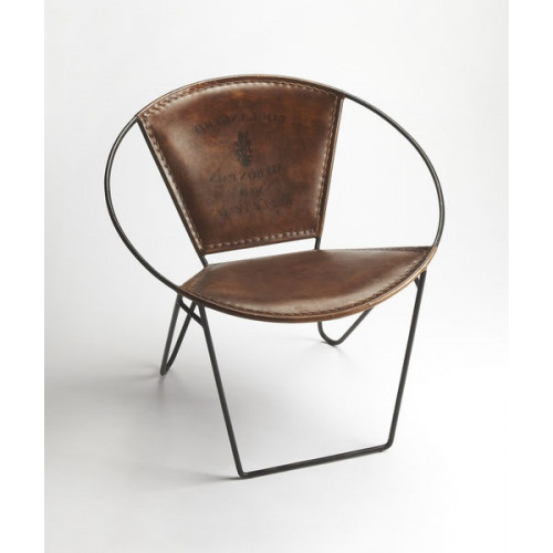 Brown Leather Stitched & Iron Hoop Frame Side Lounge Chair