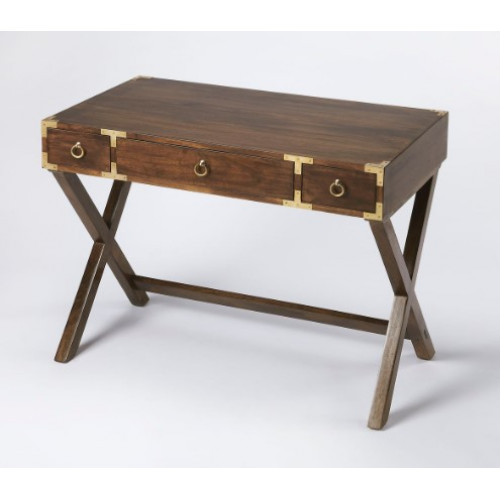 Mango Brown X Frame Wood Desk with Brass Hardware 