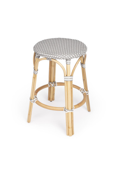 Grey & White Woven Rattan Backless Counter Stool 