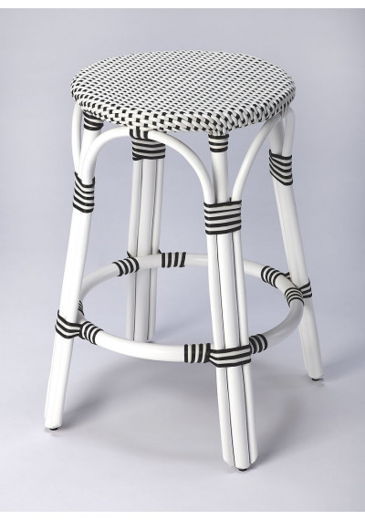 Black & White Patterned White Rattan Backless Counter Stool 