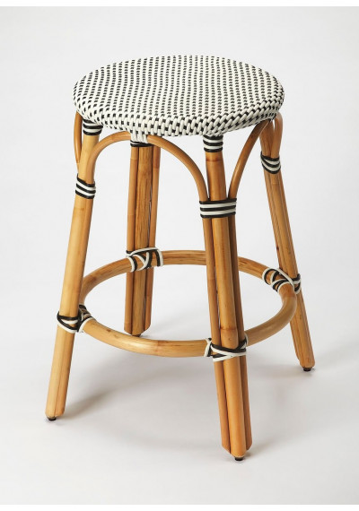 Black & White Patterned Rattan Backless Bar or Counter Stool 